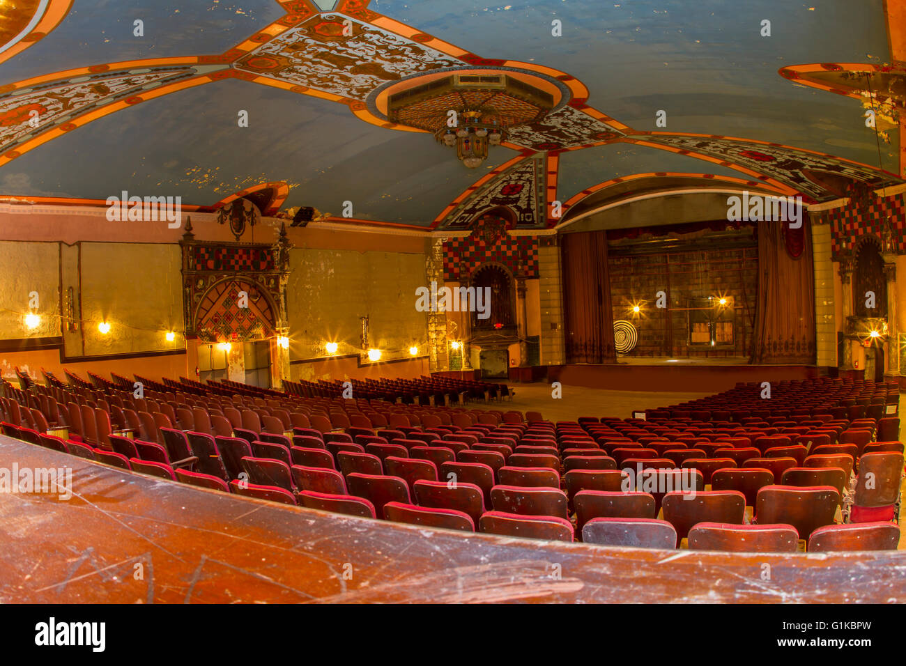 Interior of vintage 1920's era theater with empty stage. Stock Photo