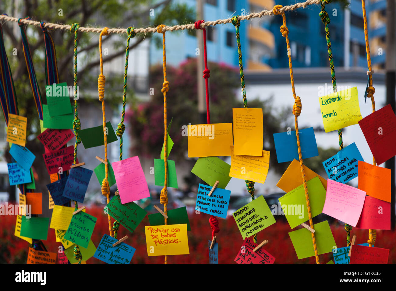 Notes, thoughts, and wishes in Spanish hanging on ropes Stock Photo Alamy
