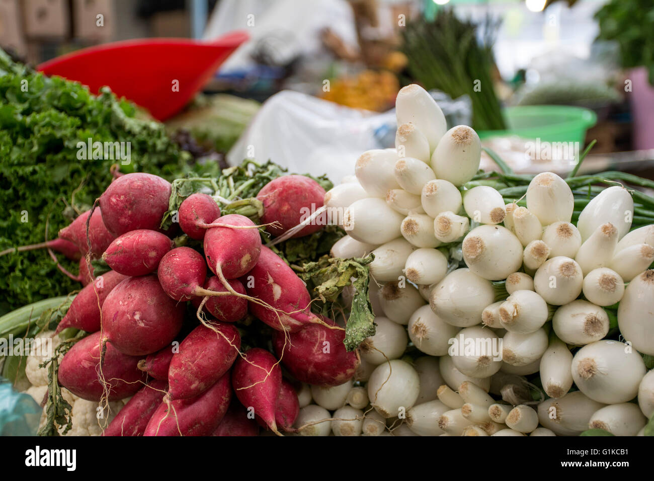 radish and scallions ready to be sold on a traditional mexican market