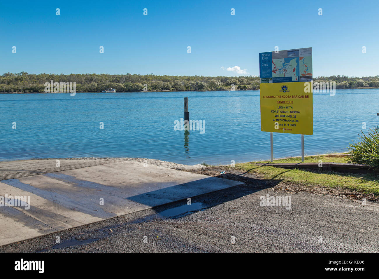 Boat Ramp on the Noosa River Showing Bar Warning Sign Stock Photo - Alamy