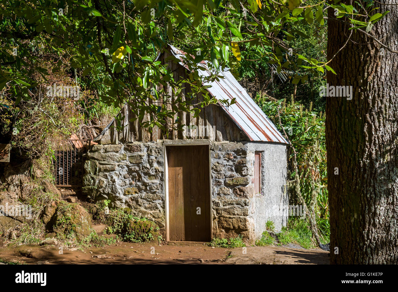 Stone house in the Balcoes hiking route in the rain forests of Madeira Stock Photo