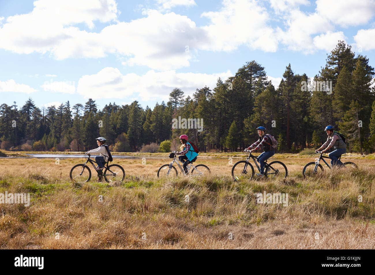 Family mountain biking in countryside, Big Bear, California Stock Photo