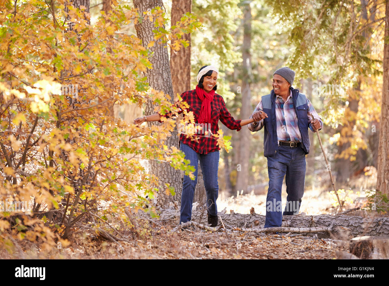 Senior African American Couple Walking Through Fall Woodland Stock ...