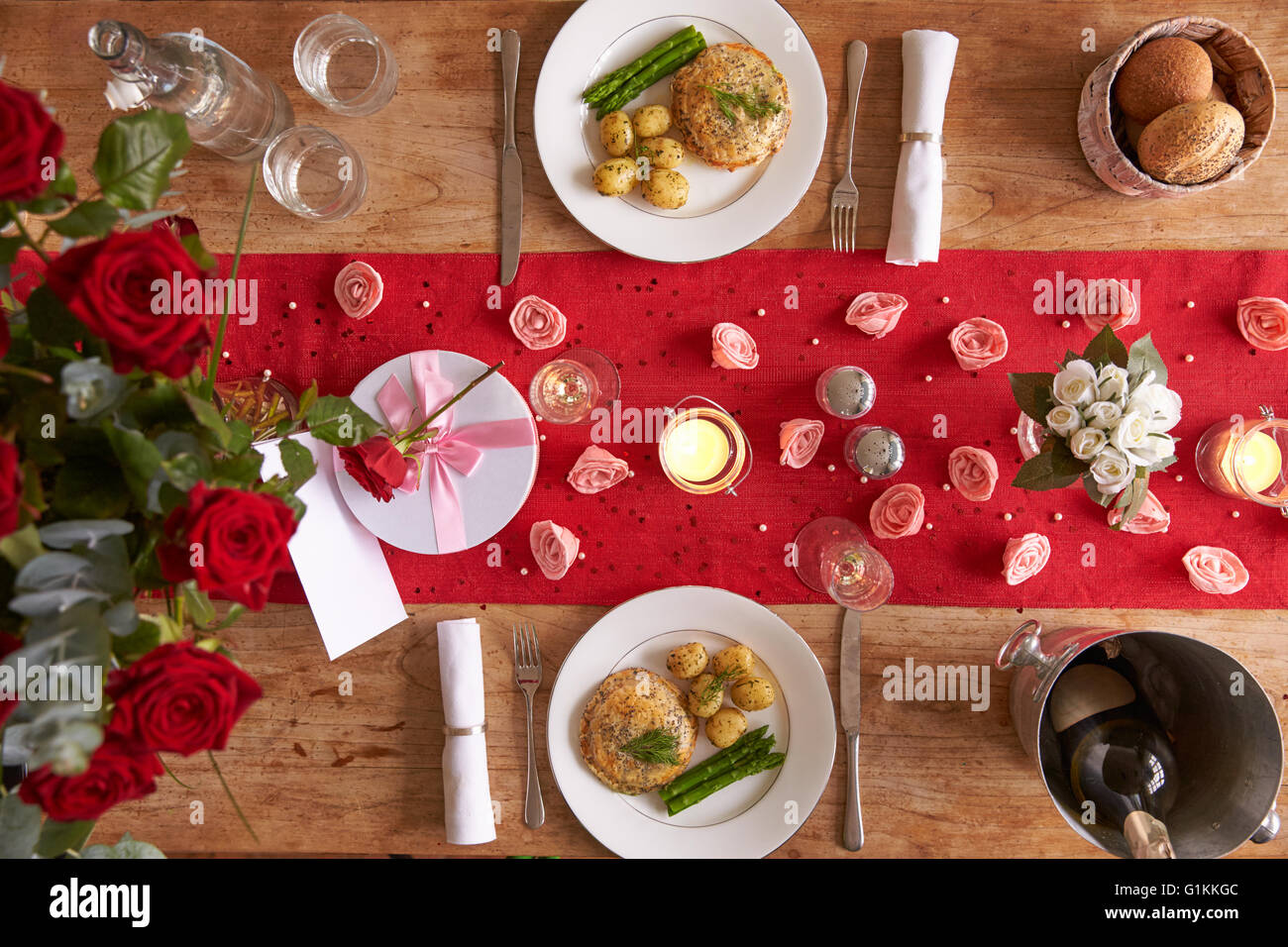 Table Setting For Romantic Valentines Day Meal Stock Photo