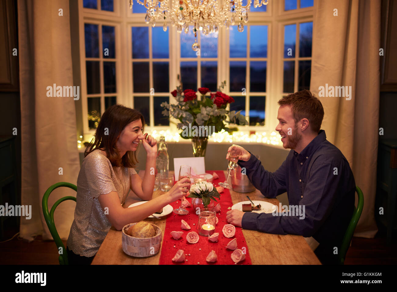 Romantic Couple Enjoying Valentines Day Meal Together Stock Photo