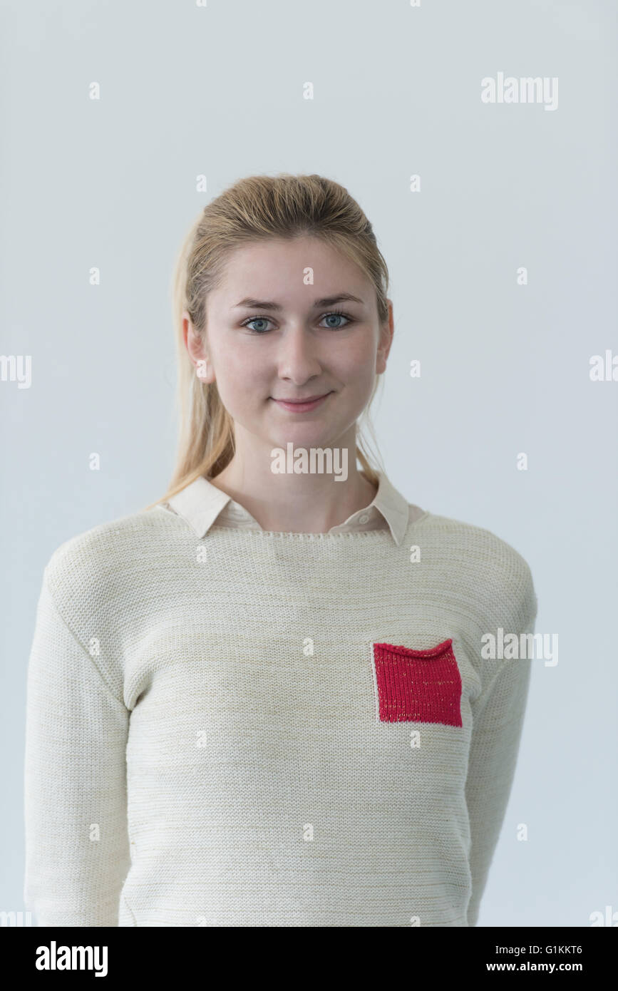 portrait of happy smilling female student girl in school library Stock ...