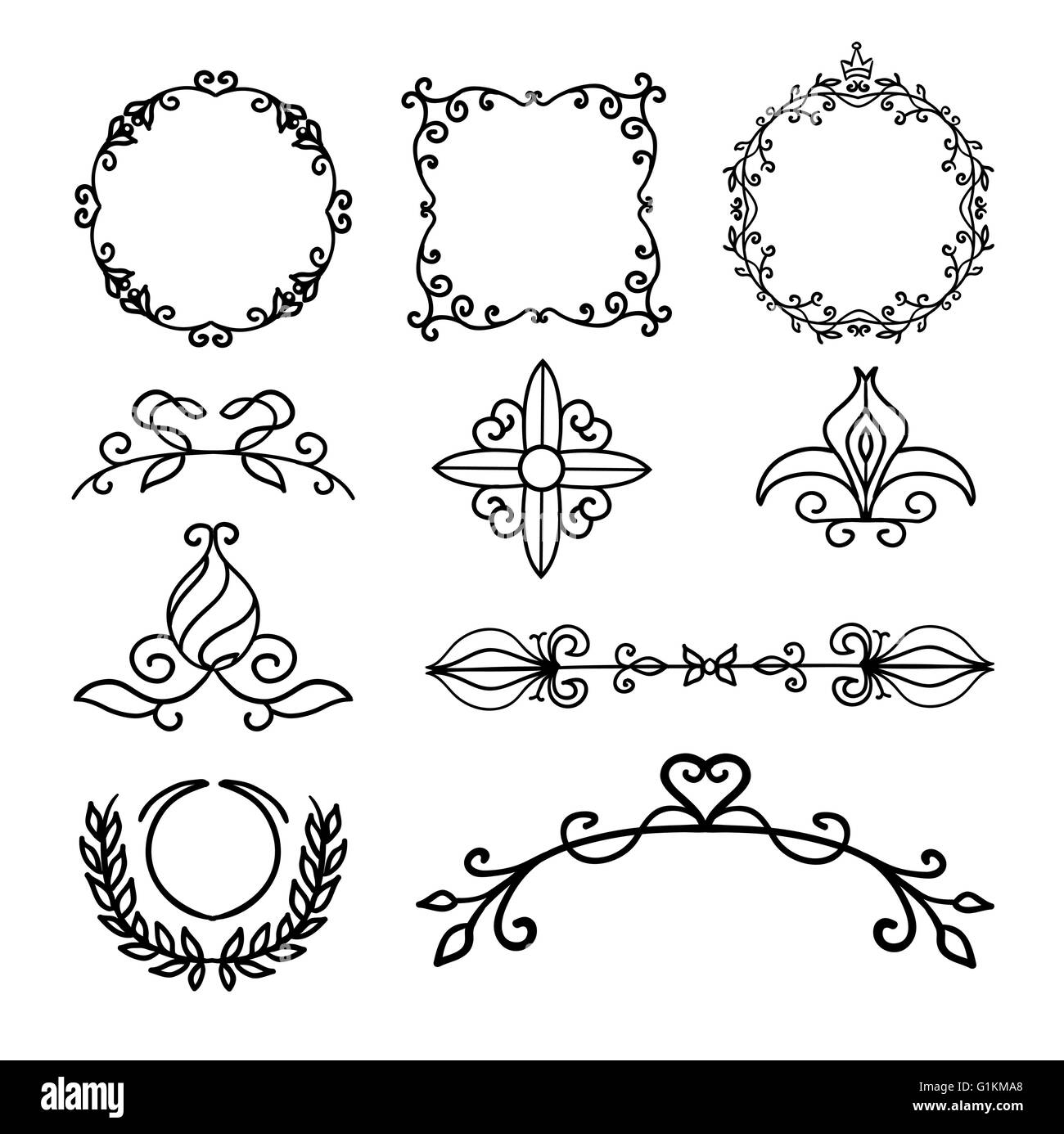 Hand drawn decoration elements, frames, page divider and border  vector illustration with all separated elements for your design Stock Vector