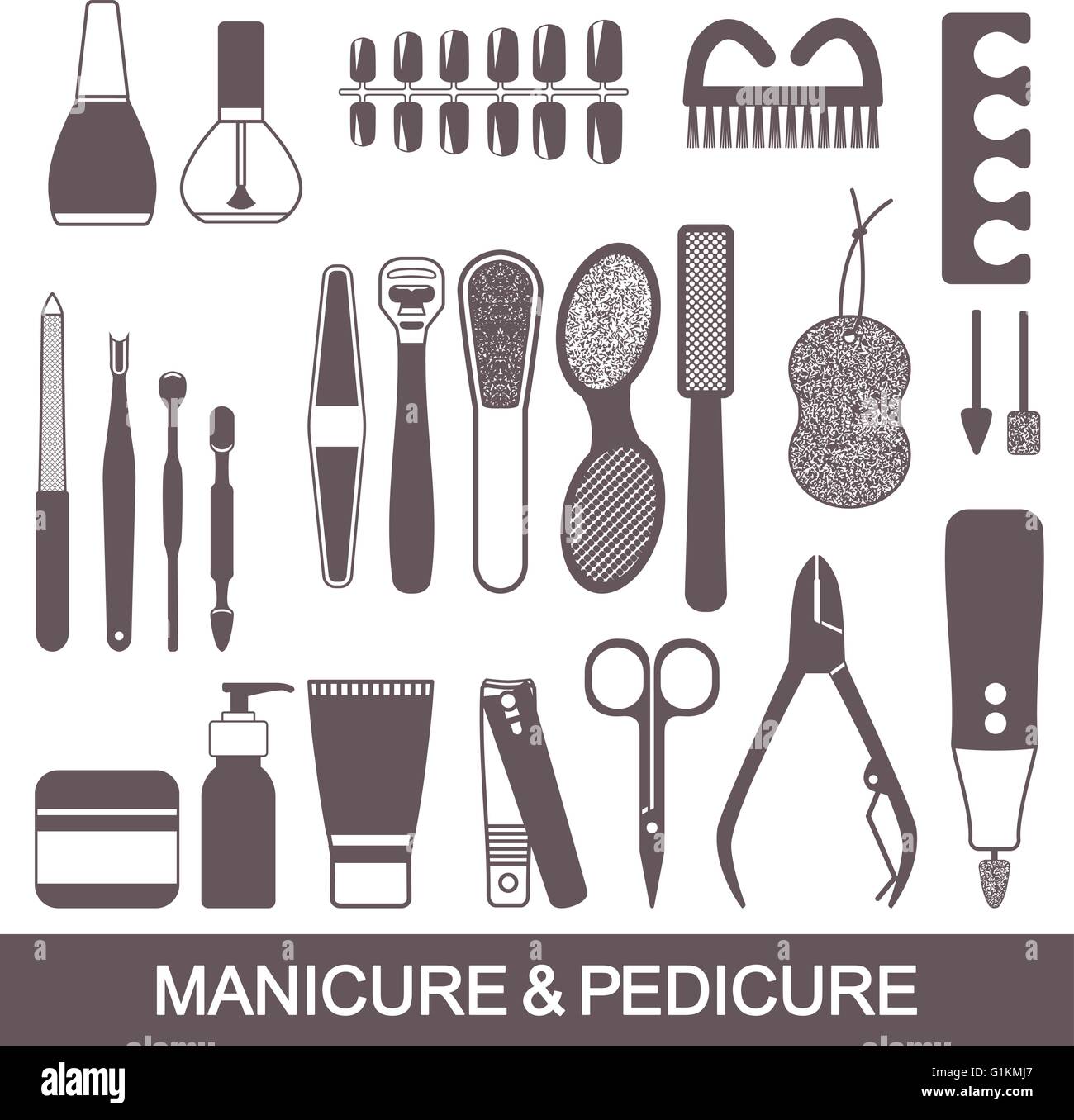 Beauty and care manicure and pedicure tools and products vector silhouette icons set Stock Vector
