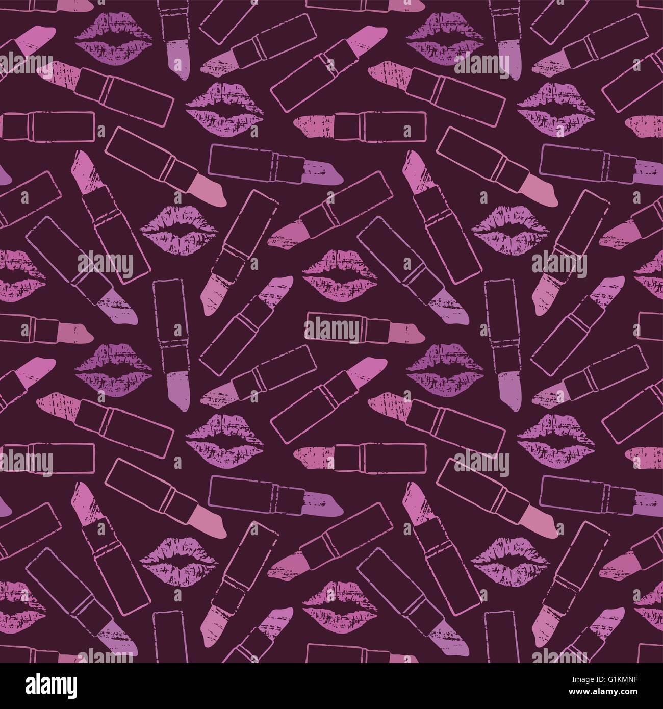 Purple scratched seamless pattern background with lips and lipsticks Stock Vector