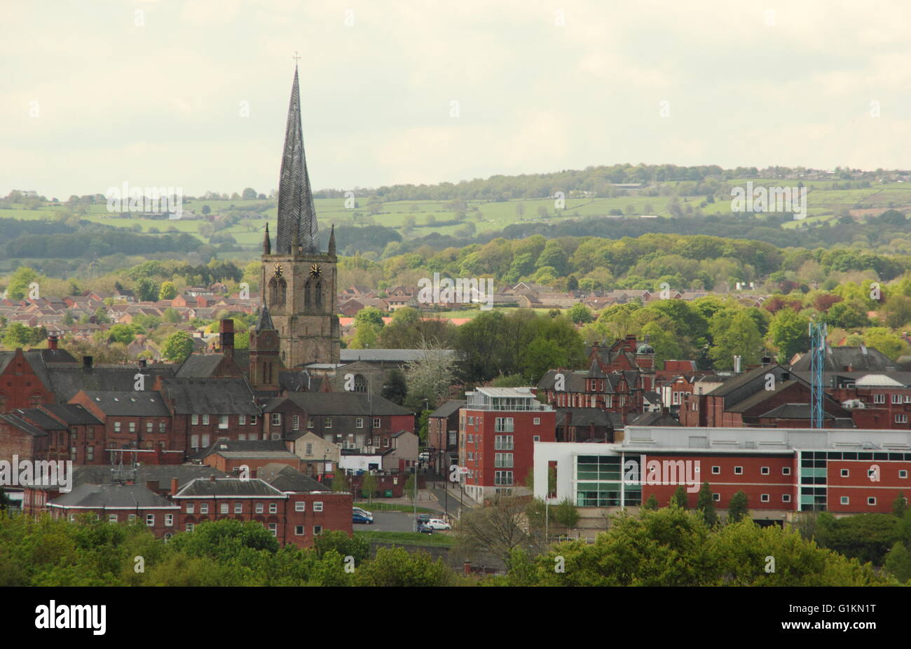 Skyline of Chesterfield town centre dominated by the 'twisted spire' of St Mary And All Saints, Chesterfield, Derbyshire England Stock Photo