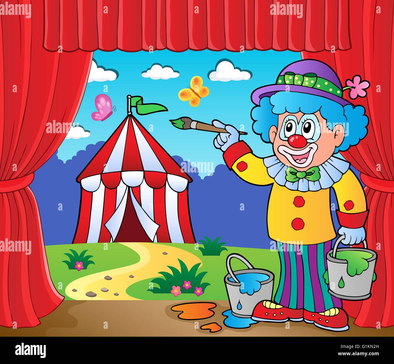 Clown painting image of circus on stage - picture illustration Stock ...