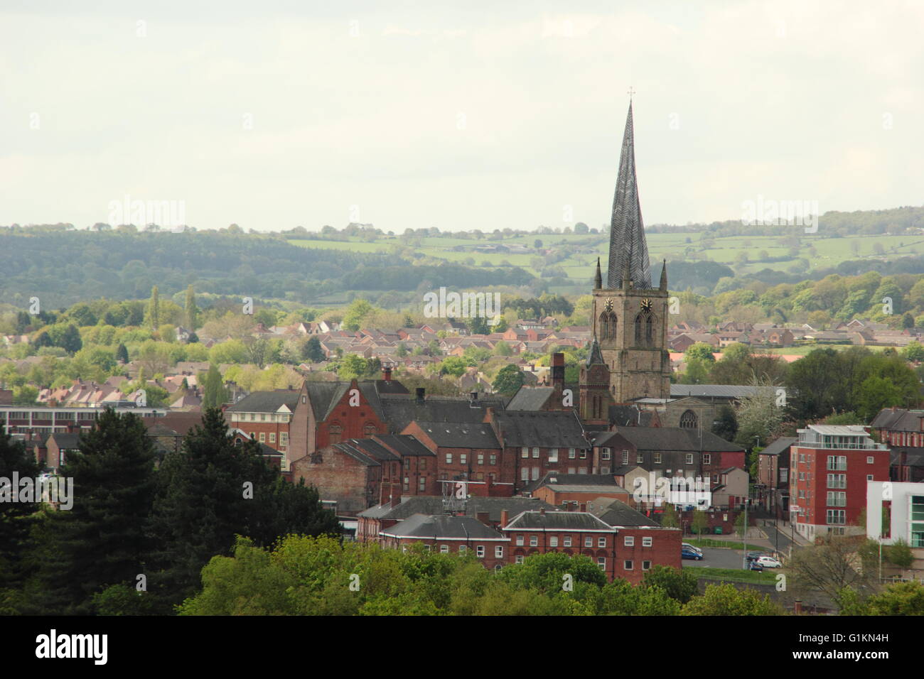 Skyline of Chesterfield town centre dominated by the 'twisted spire' of St Mary And All Saints, Chesterfield, Derbyshire England Stock Photo