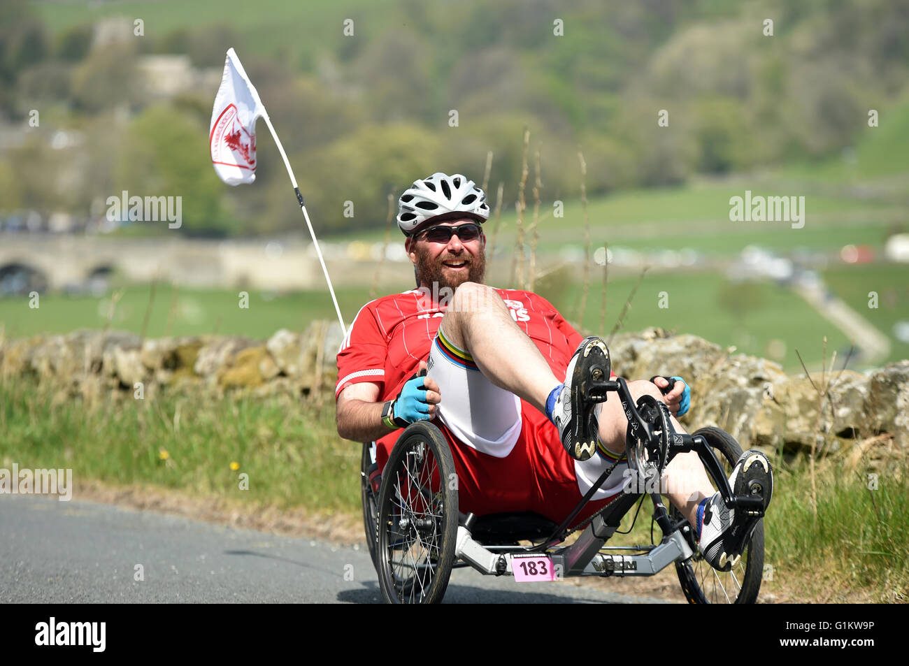 Man riding a recumbent bike on a cycling sportive, Yorkshire Stock Photo