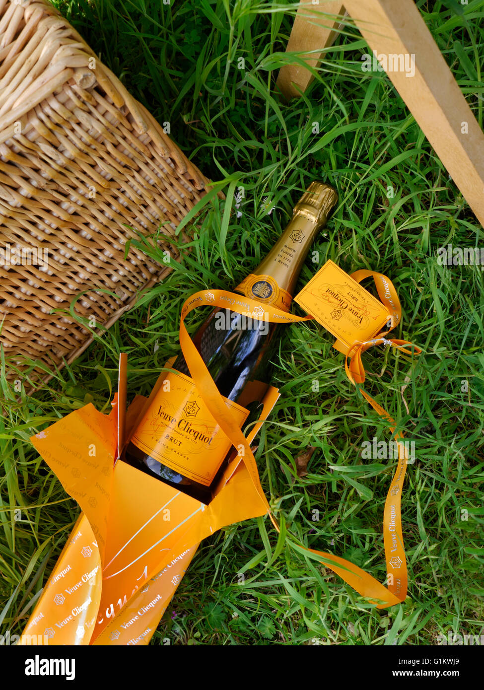 Veuve Clicquot luxury Champagne & presentation box & ribbon with alfresco picnic hamper in verdant garden Stock Photo