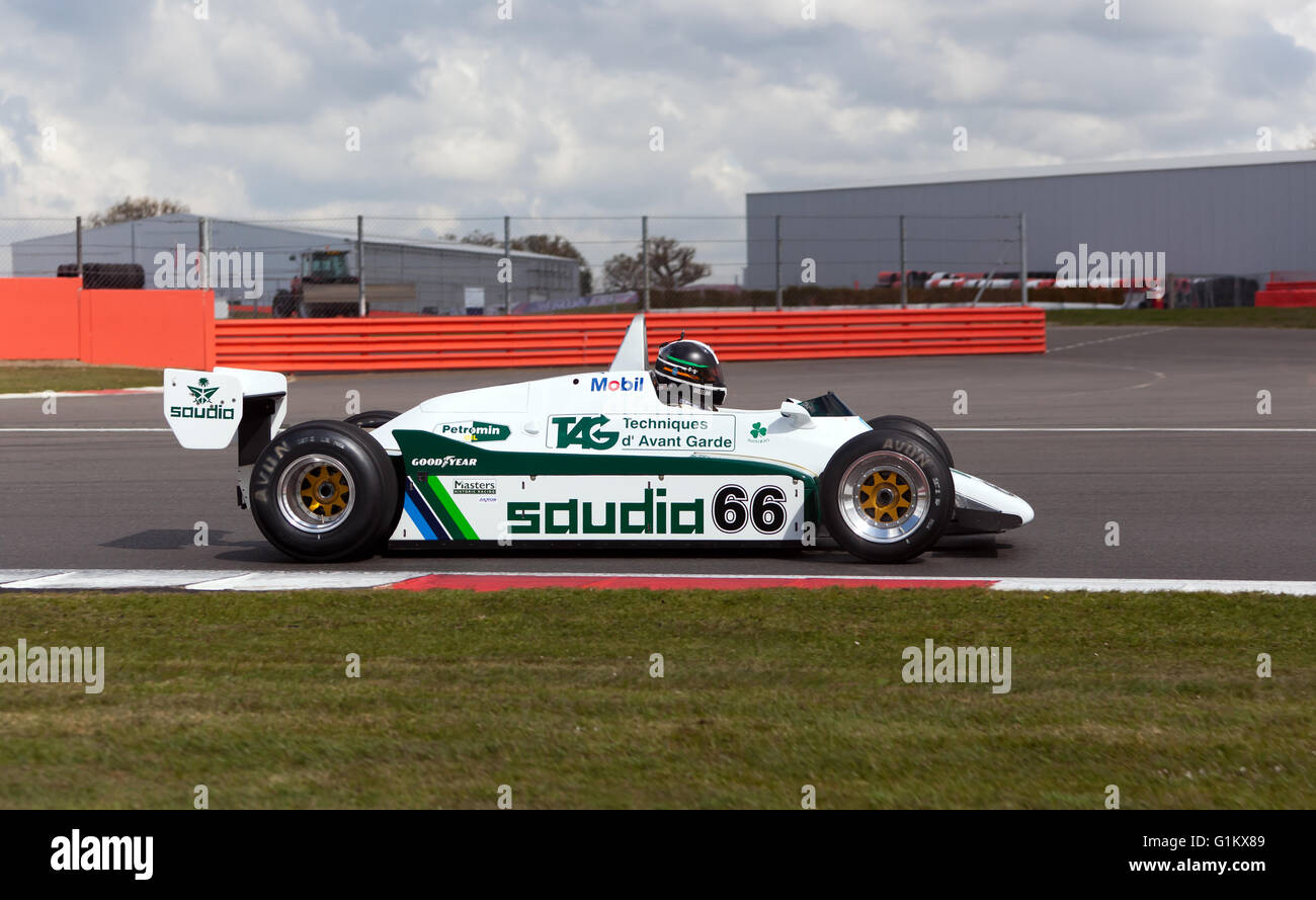 Tommy Dreelan driving a 1982, Williams FW08 Formula 1 car, during the Silverstone Classic Media Test Day 2016 Stock Photo