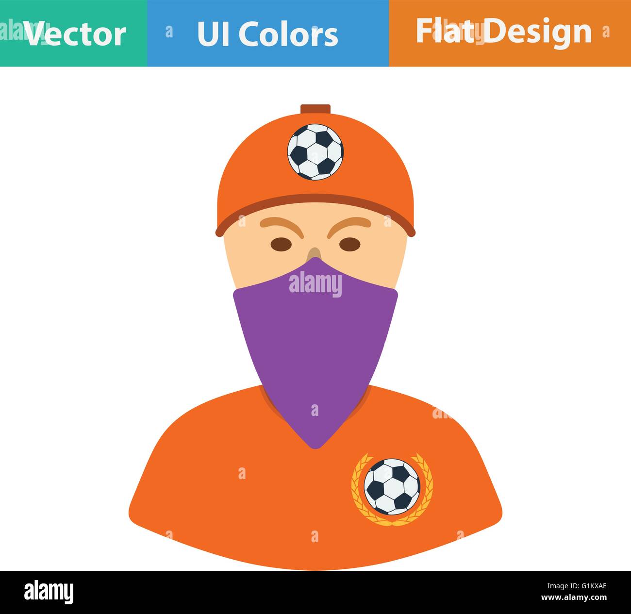 Football fan with covered face by scarf icon. Flat design in ui colors ...