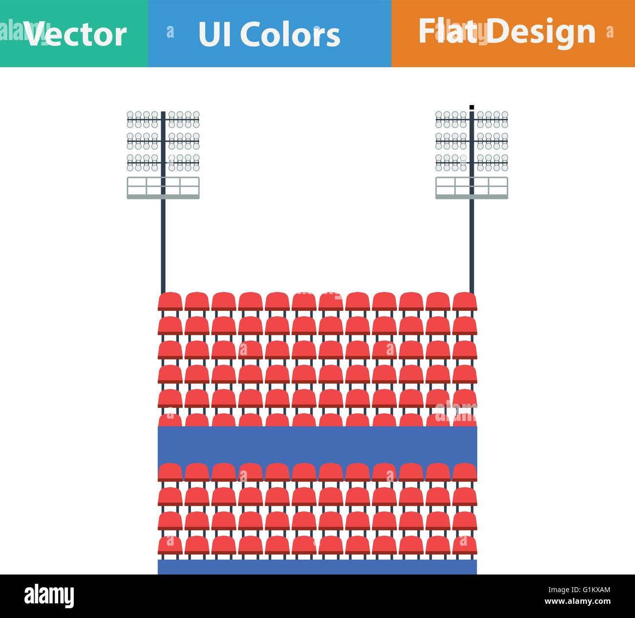 Stadium tribune with seats and light mast icon. Flat design in ui colors. Vector illustration. Stock Vector
