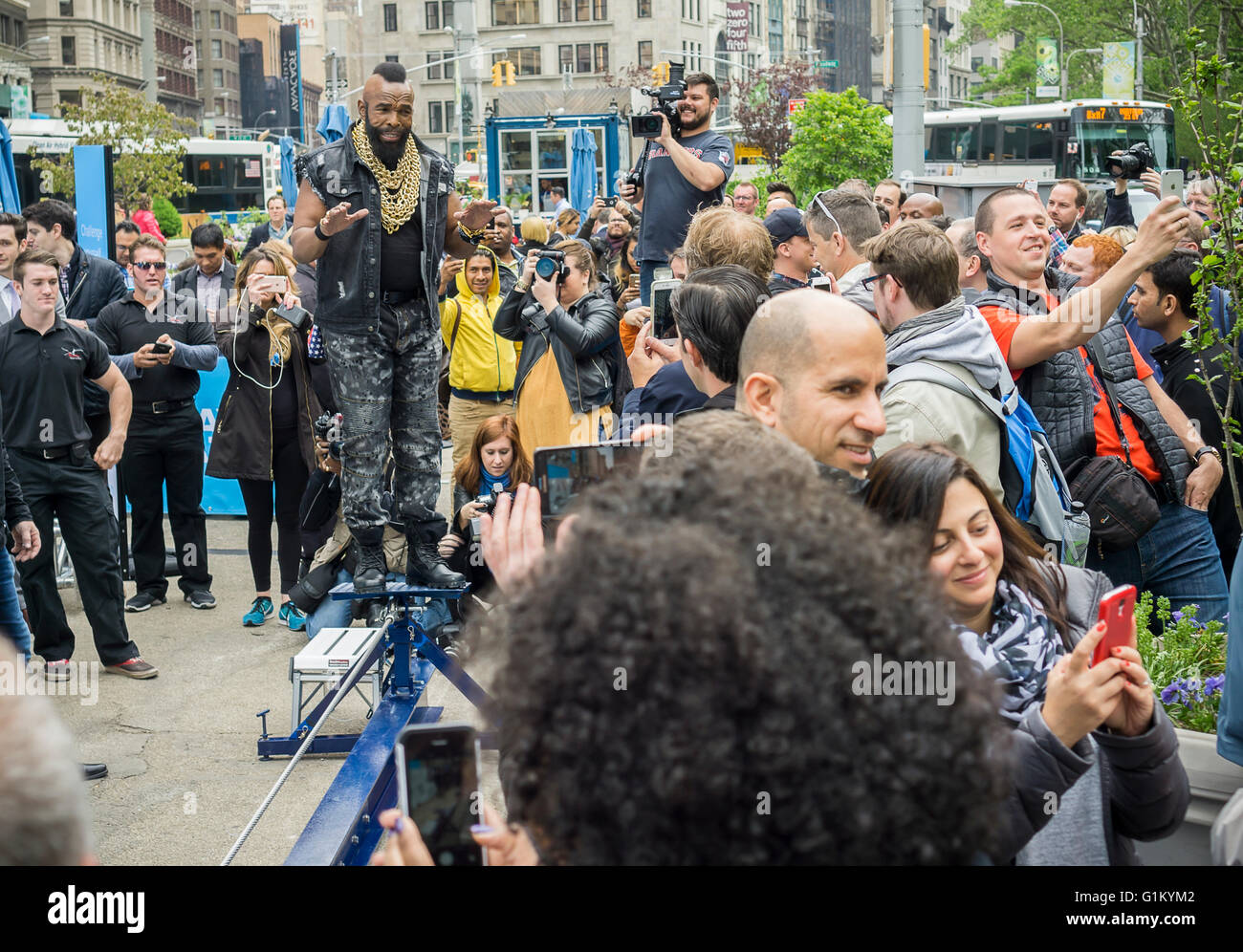 General pandemonium surrounds Mr. T during a promotional event in New York for Fairfield Inn & Suites, a brand of Marriott on Tuesday, May 17, 2016. (© Richard B. Levine) Stock Photo