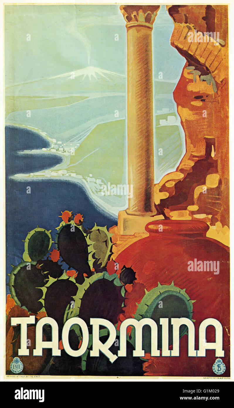 POSTER: TAORMINA, 1933.  Italian poster advertising the ancient Greek amphitheatre at Taormina on Sicily. Lithograph, 1933. Stock Photo