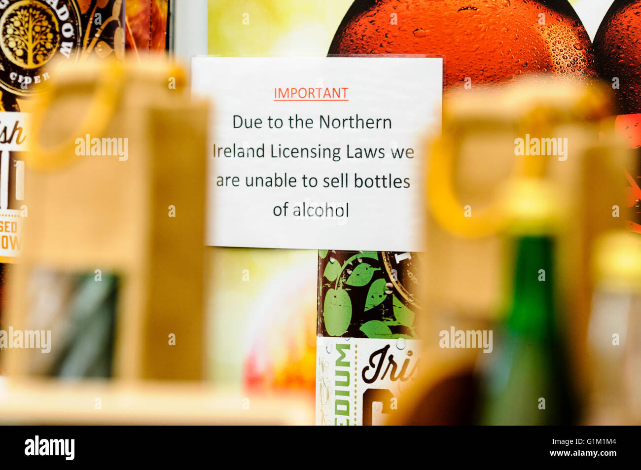 Sign at a food fair saying that because of Northern Ireland Licencing laws, the vendors are unable to sell alcohol. Stock Photo