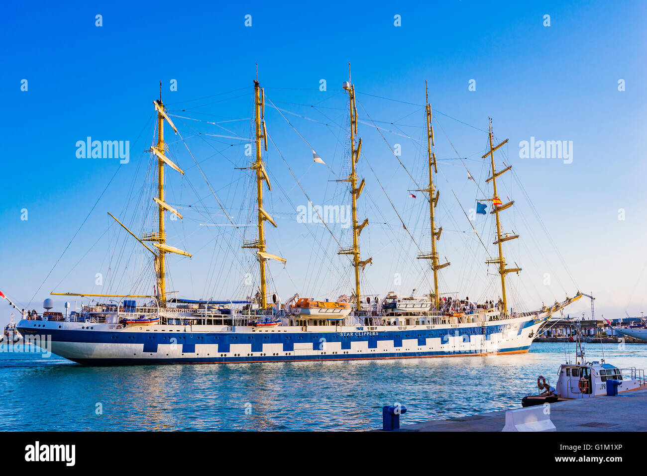 Royal Clipper is a steel-hulled five-masted fully rigged tall ship used as a cruise ship. Málaga, Andalusia, Spain, Europe Stock Photo