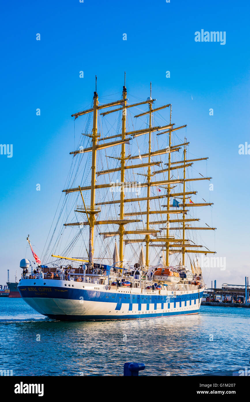 Royal Clipper is a steel-hulled five-masted fully rigged tall ship used as a cruise ship. Málaga, Andalusia, Spain, Europe Stock Photo