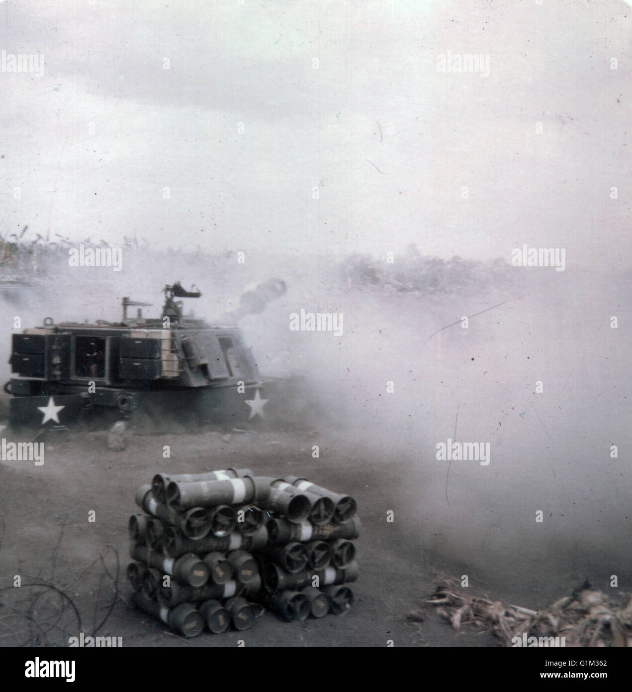 American 155mm Artillery Fires from Fire Support Base SALLY March 1969  Bien Hoa Province South Vietnam Stock Photo