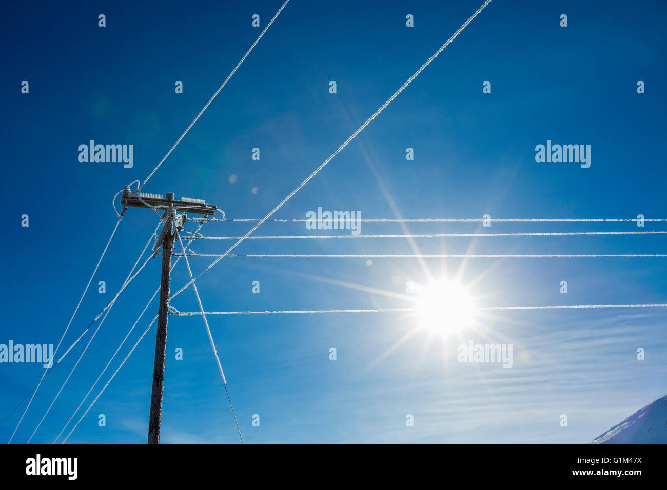 Sun in blue sky and frosty power lines Stock Photo - Alamy
