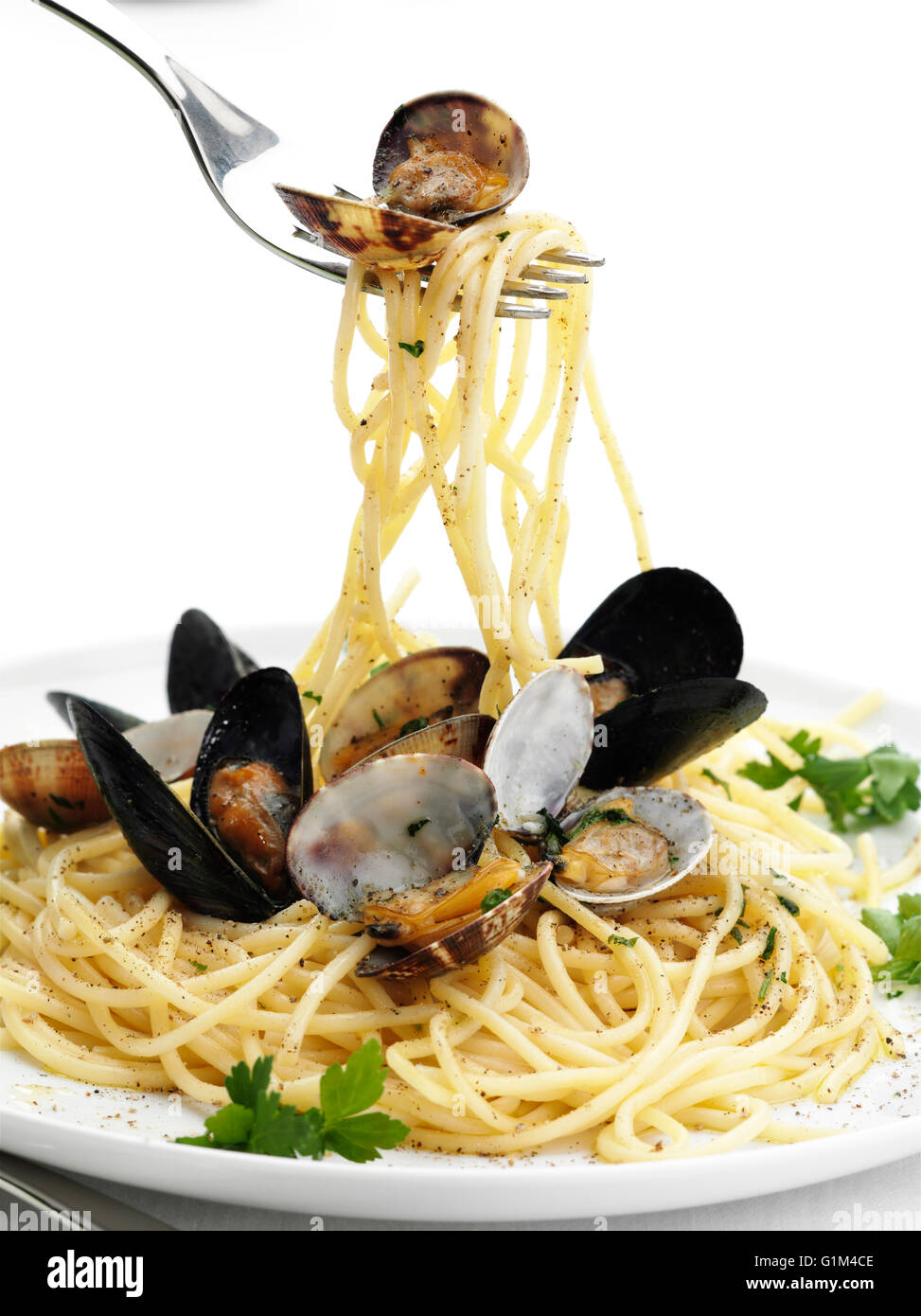Close up of fork twirling pasta with seafood Stock Photo Alamy