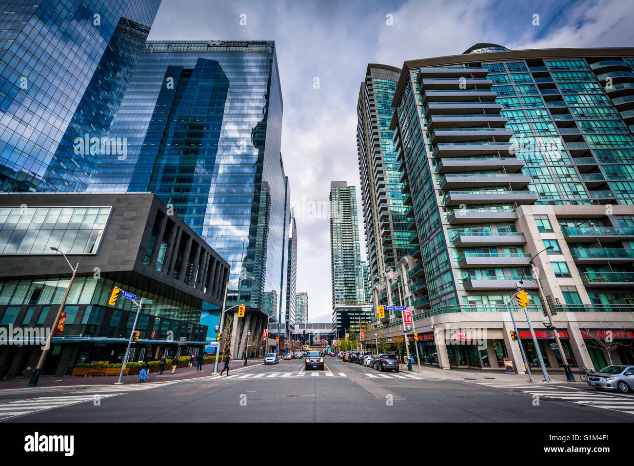 Modern buildings at the intersection of Bremner Boulevard and Simcoe Street, in downtown Toronto, Ontario. Stock Photo