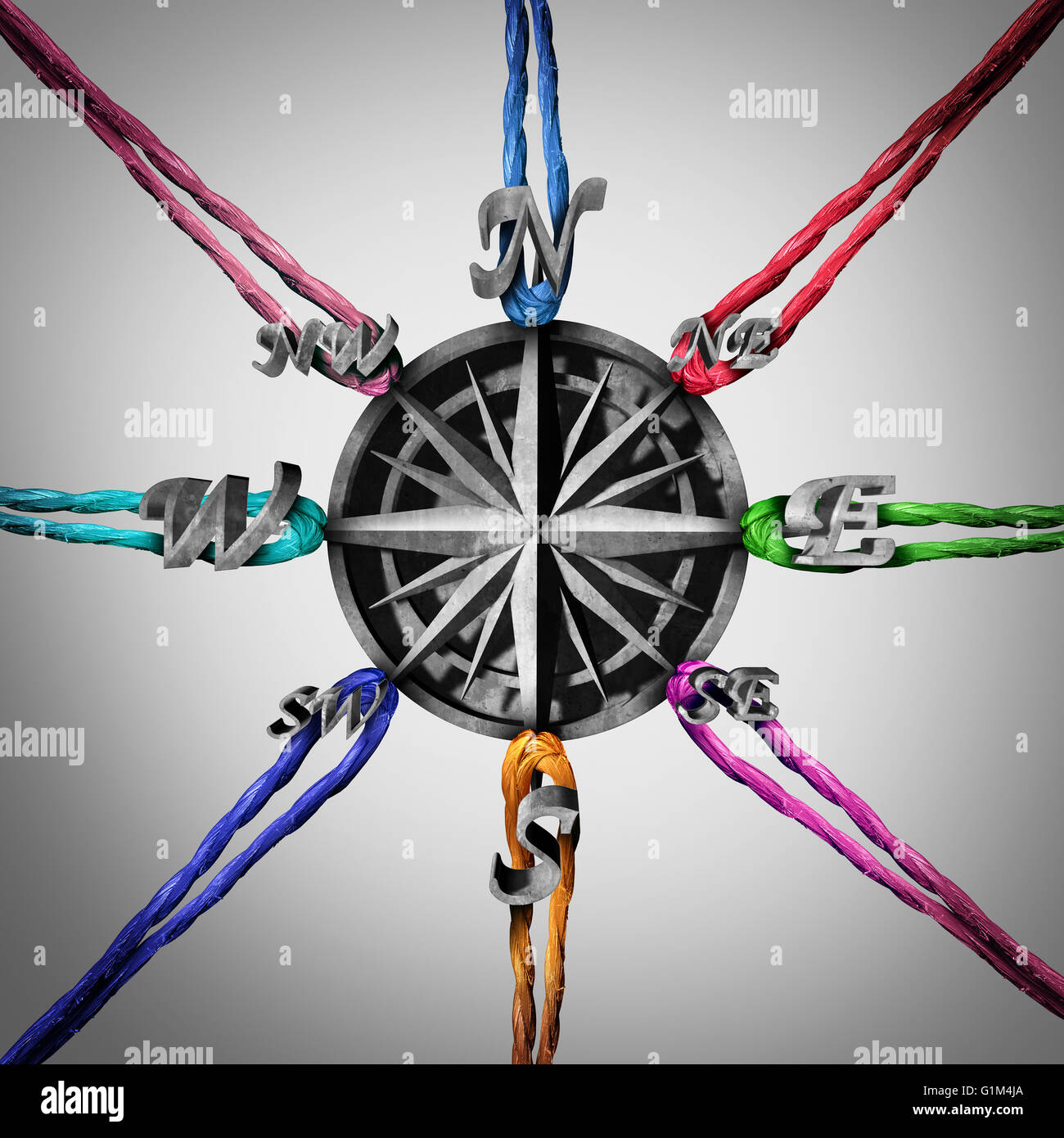 Pulling in different directions business concept as a compass being pulled by a group of ropes as a metaphor for opposing viewpoints and guidance confusion with 3D illustration elements. Stock Photo