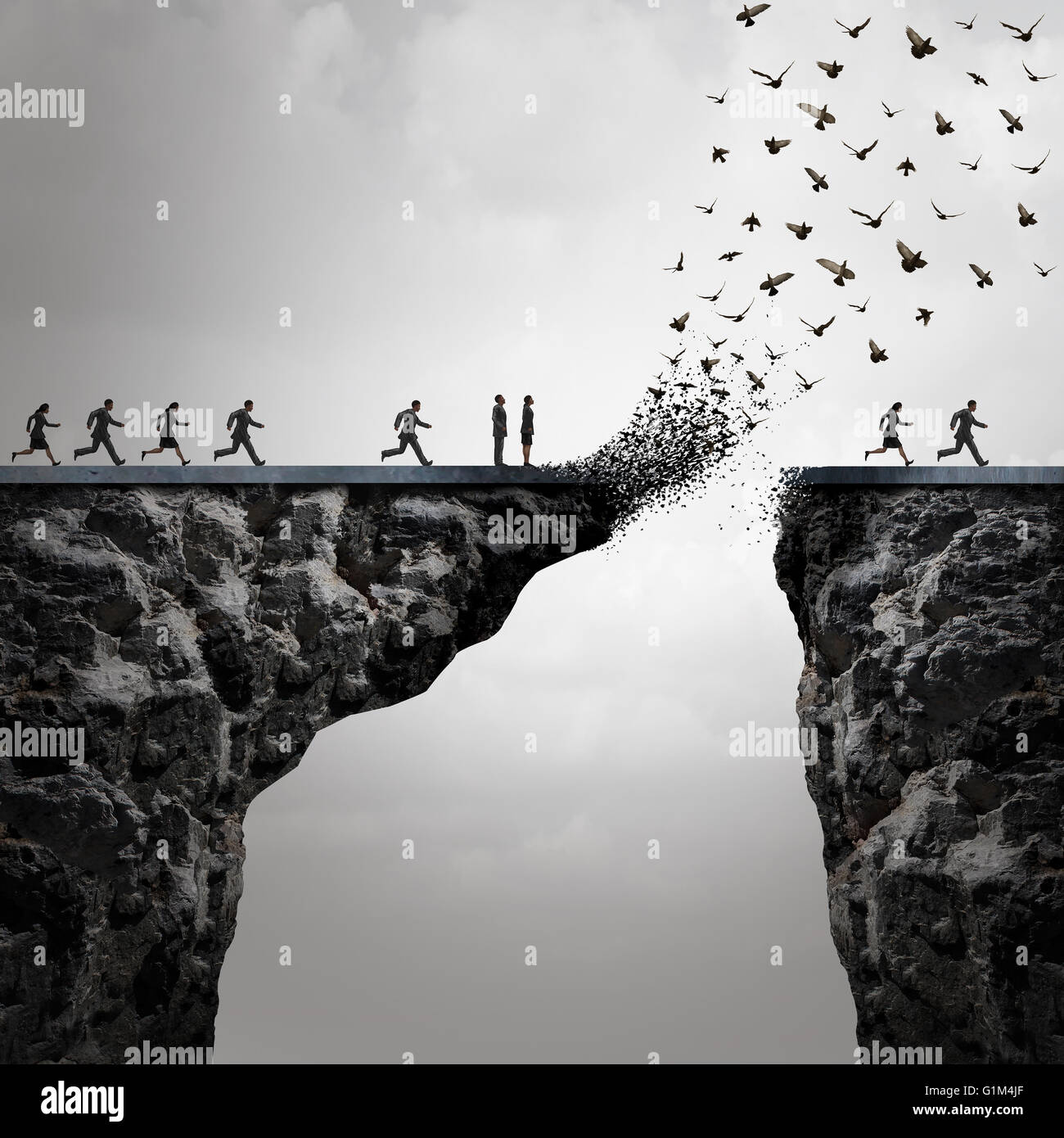 Lost opportunities concept as a too late metaphor with businesspeople running to cross a bridge in time but the link is broken by the mountain flying away in the shape of birds in a 3D illustration style. Stock Photo