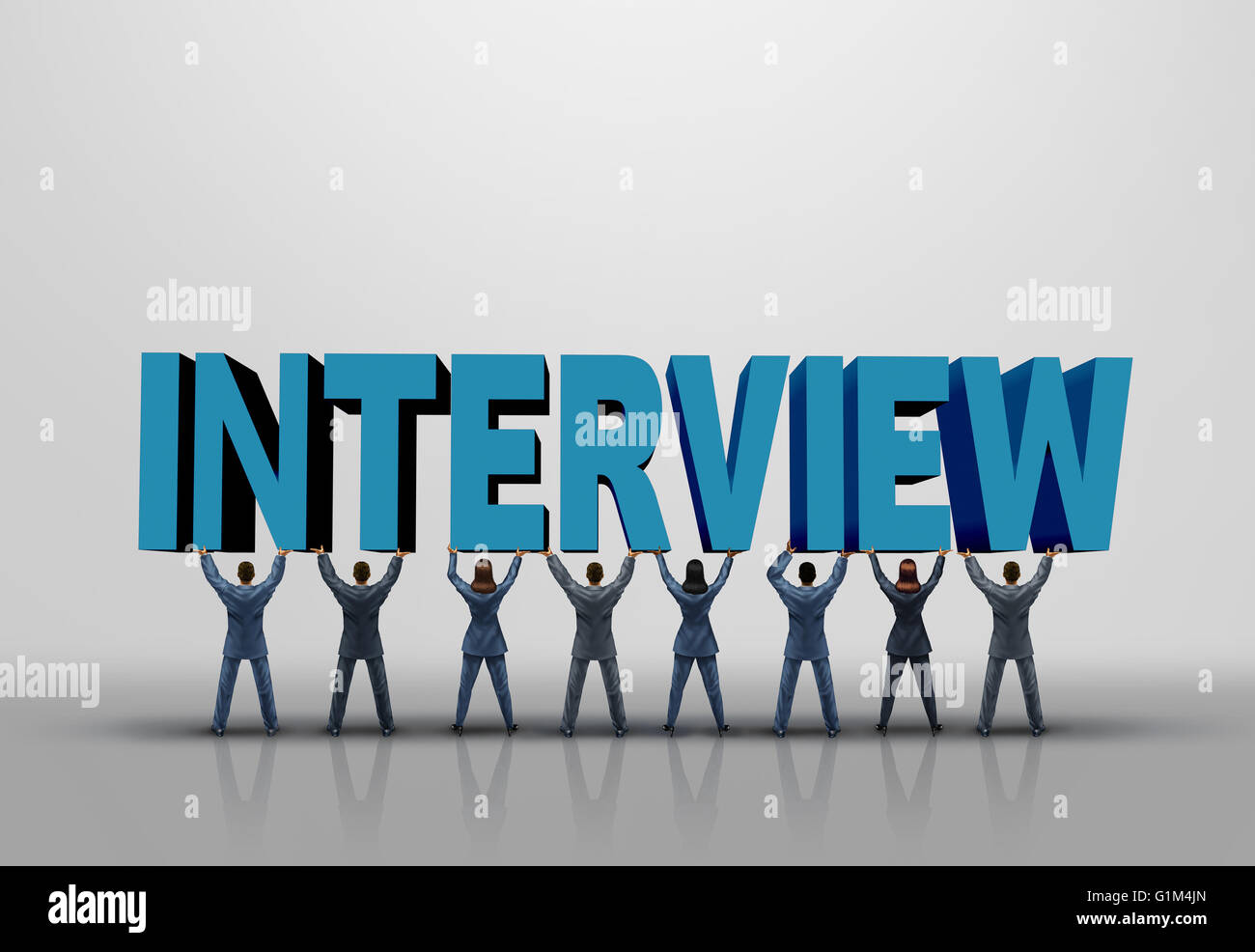 Business interview concept and career planning symbol as a group of men and women lifting up a 3D illustration text as a human resources and employment symbol. Stock Photo