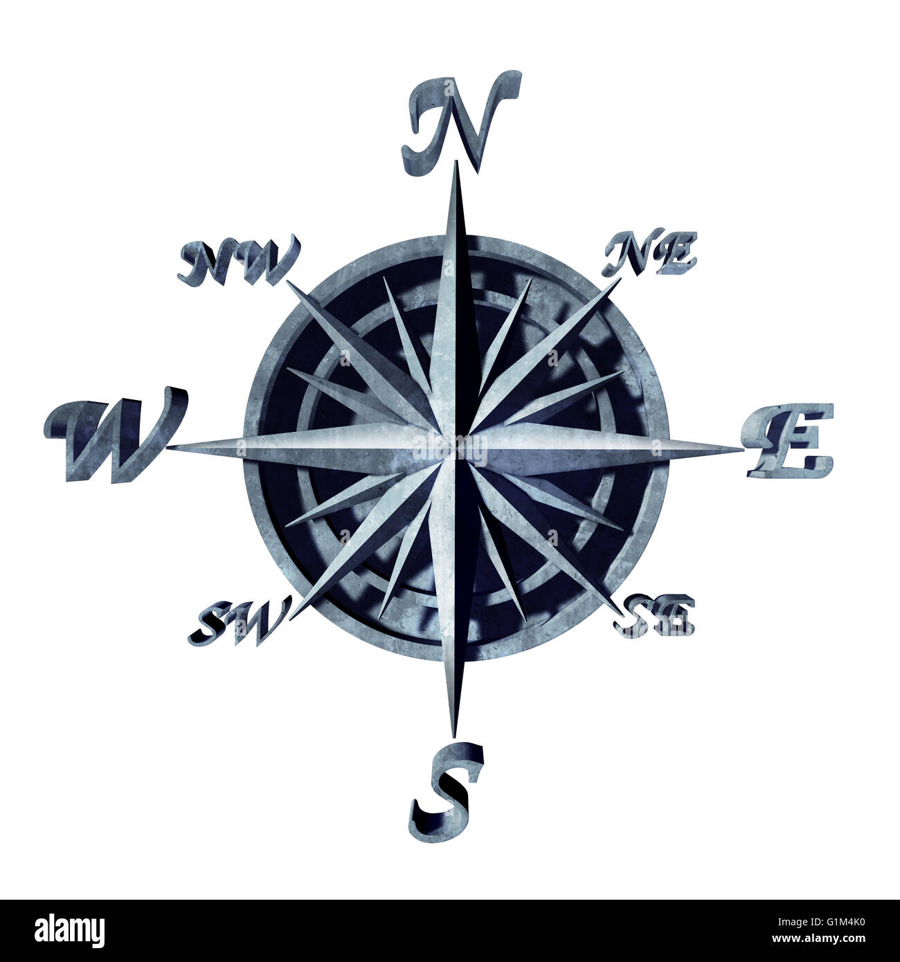 Compass icon as a navigation object with north south east and west directions as a 3D illustration symbol for travel direction. Stock Photo