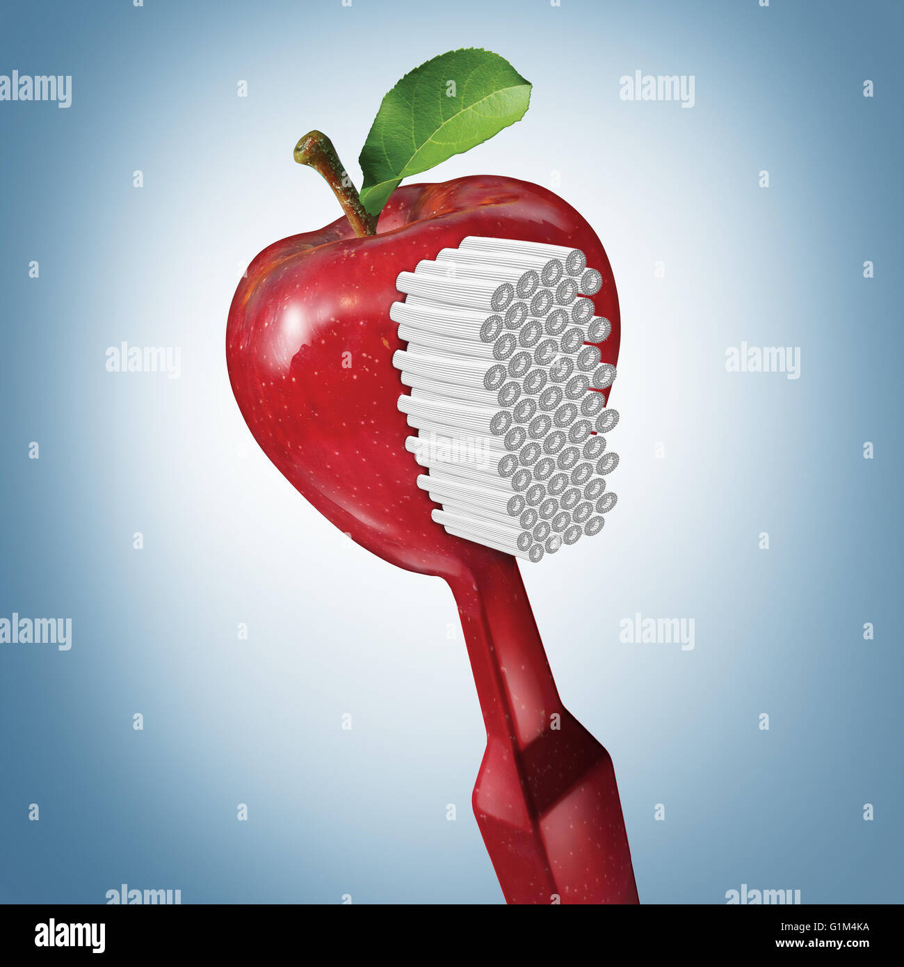 Toothbrush health and brushing as dental oral care with a tooth brush shaped as a red apple as a teeth cleaning symbol with 3D illustration elements. Stock Photo