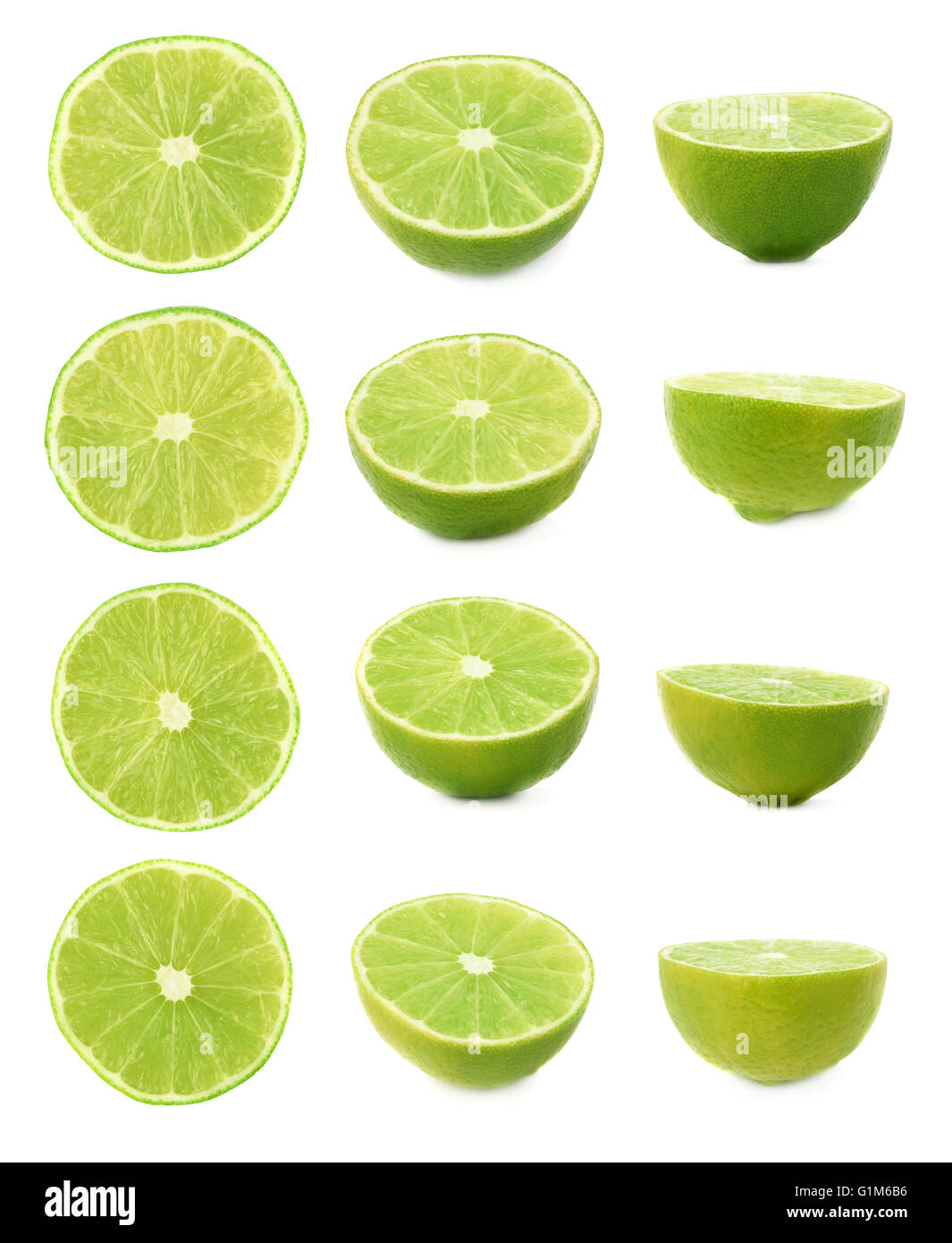 Set of ripe lime cuts in half isolated over the white background, three ...