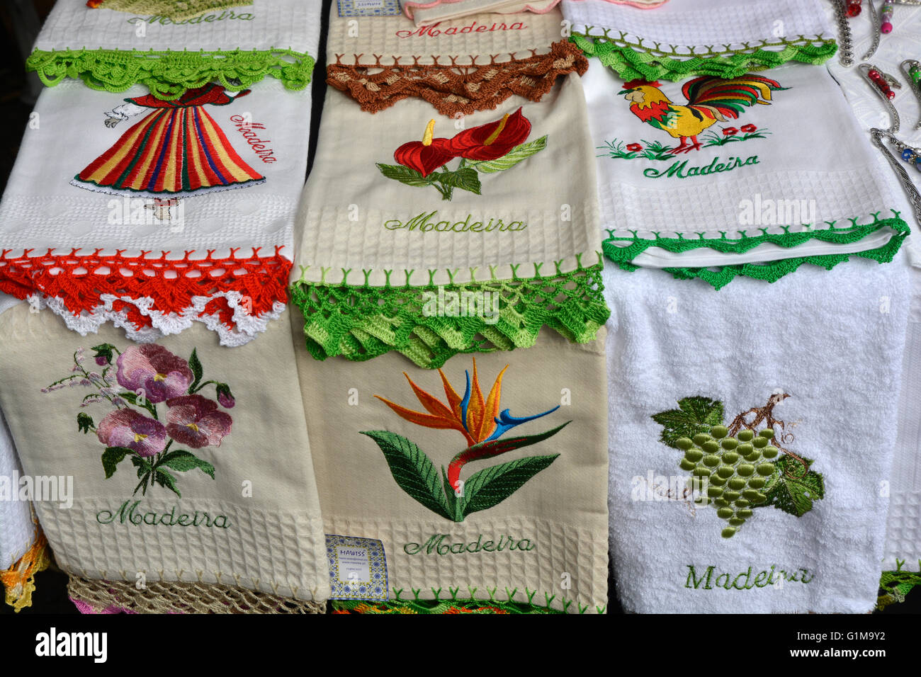 Craft stall selling lacework and embroidery. Open air market in centre