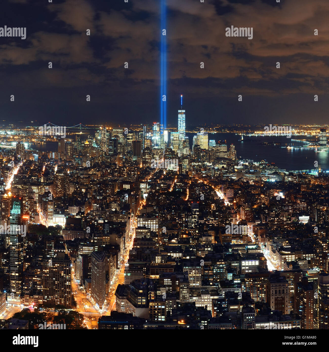 New York City downtown skyline night view and 911 tribute light Stock ...