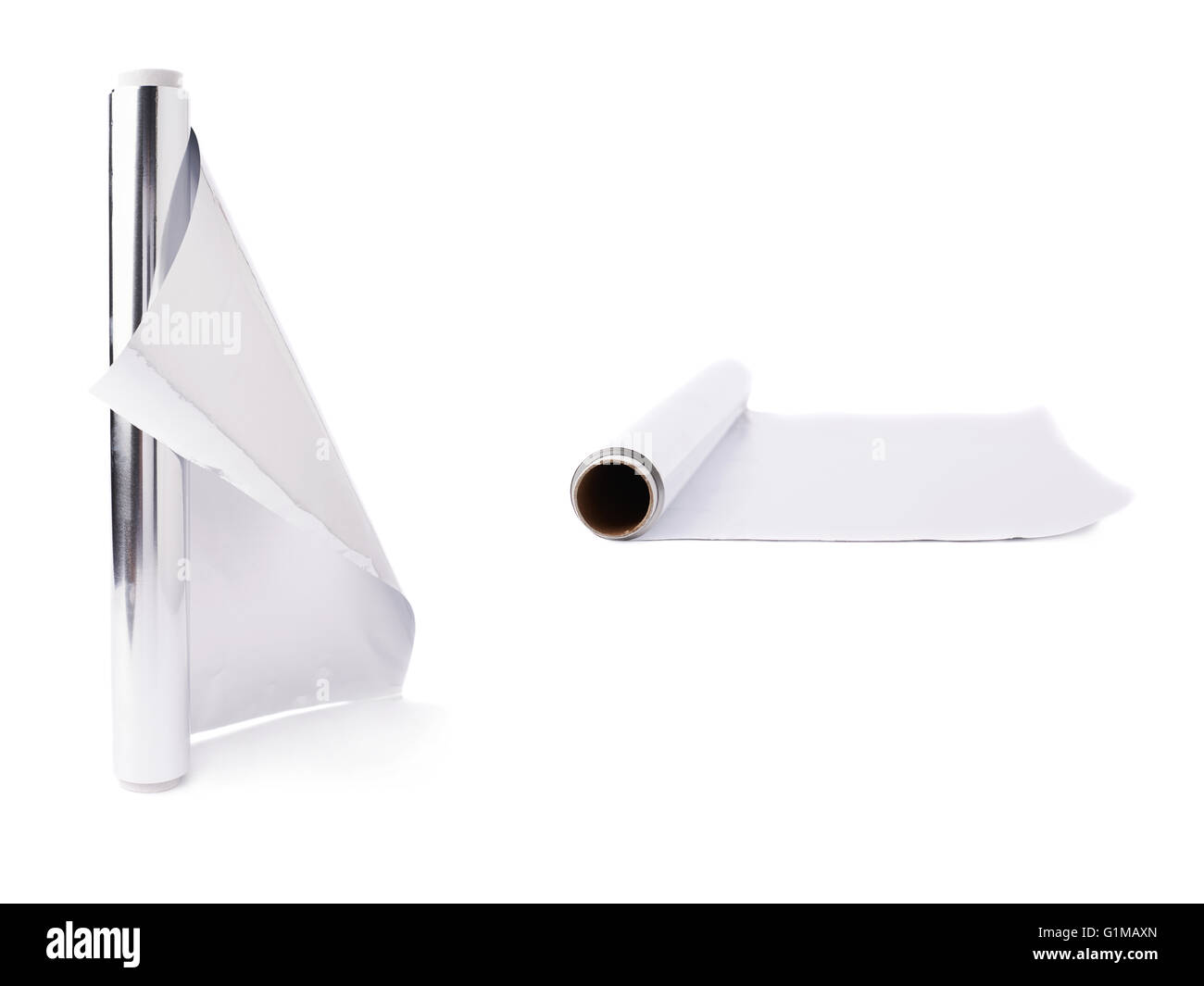 Set of roll of aluminium foil paper over isolated white background