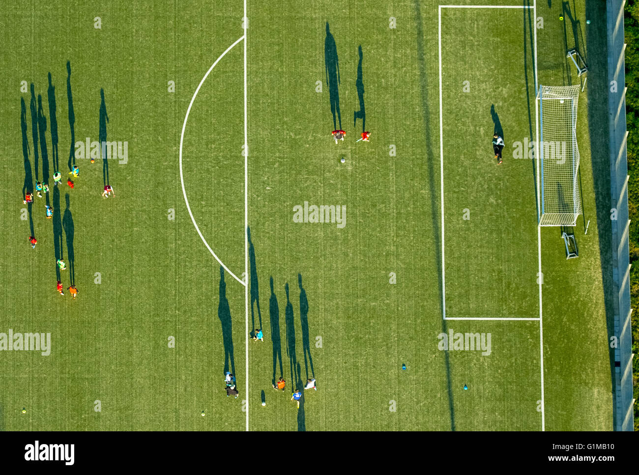 Aerial view, youth training with shots on goal, soccer training, soccer