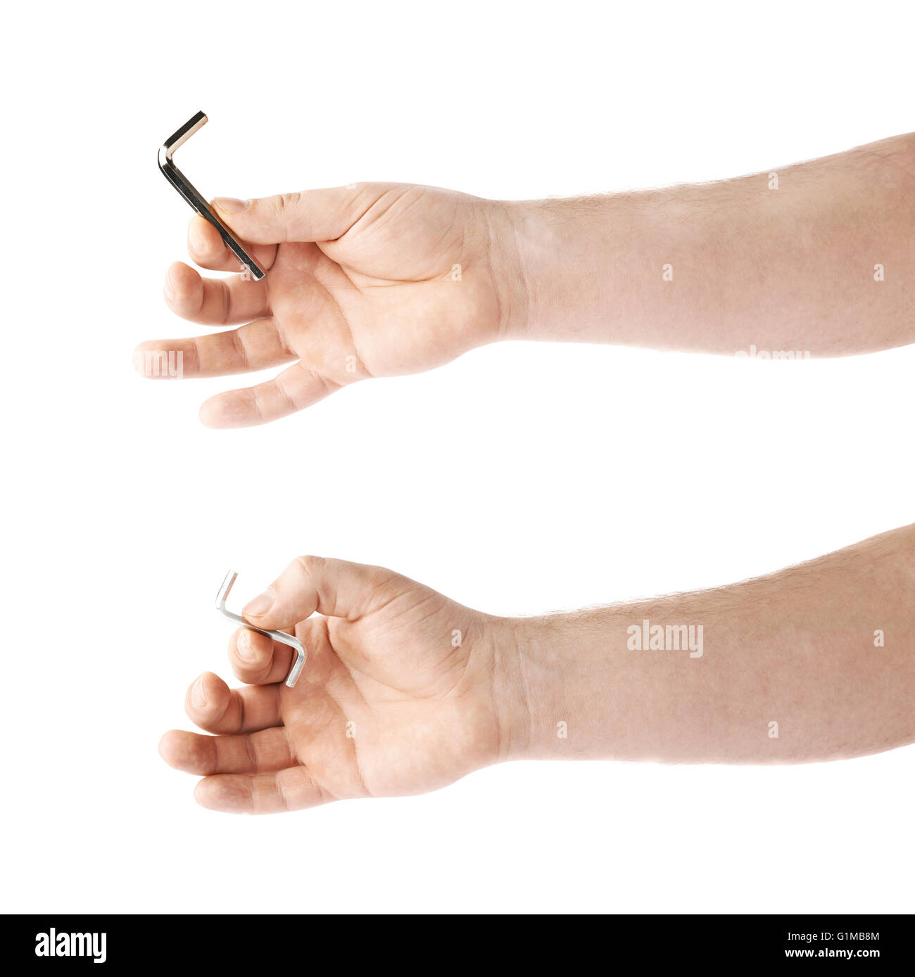Set of hand holding a hex metal allen L key tool, composition isolated ...
