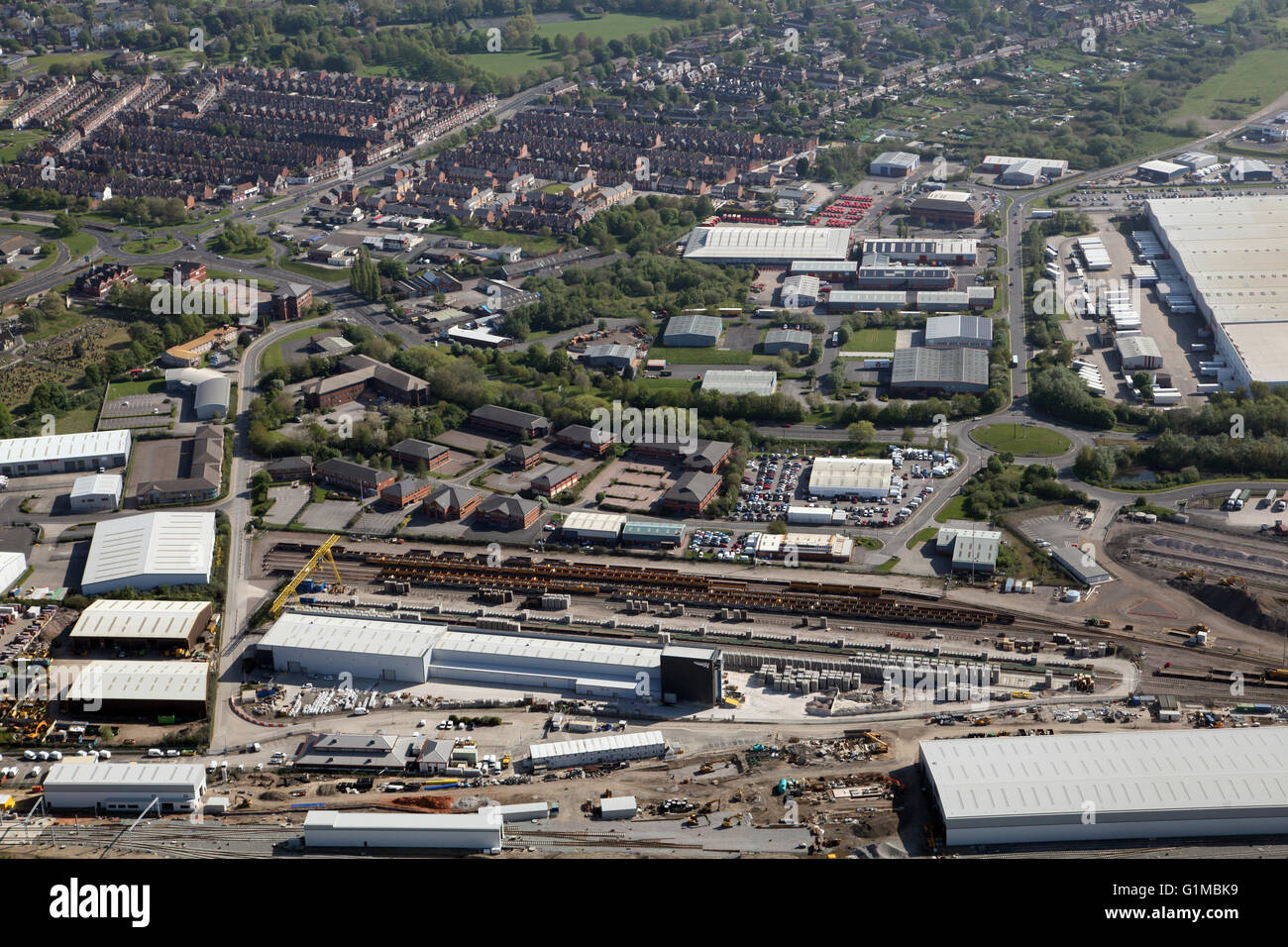 aerial view of a new factory on Doncaster Carr Industrial Estate with Eurolink Business Park in the background, UK Stock Photo