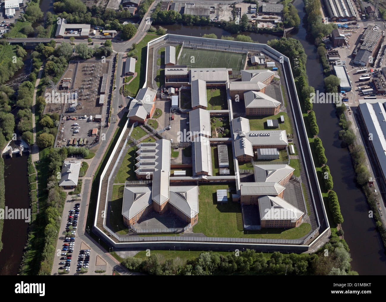 aerial view of Doncatraz - HMP & YOI Doncaster Prison, Yorkshire, UK Stock Photo