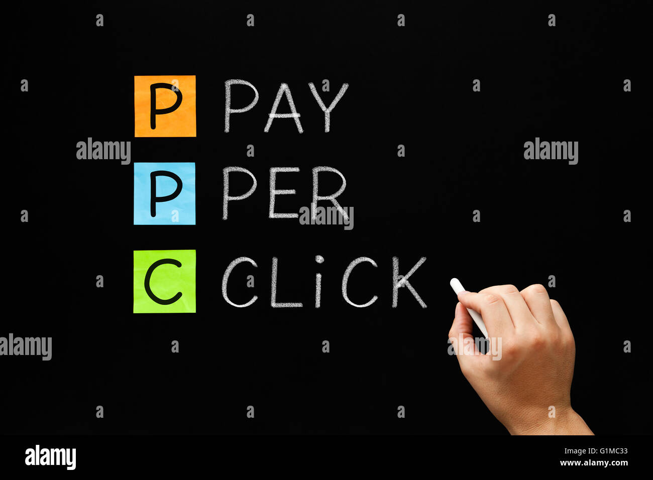 Hand writing Pay Per Click with white chalk on a blackboard. PPC marketing concept. Stock Photo