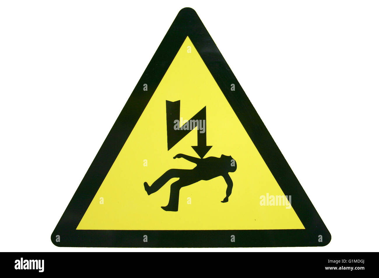A triangular warning or information sign in yellow and black isolated on white depicting death by electric shock sign. Stock Photo