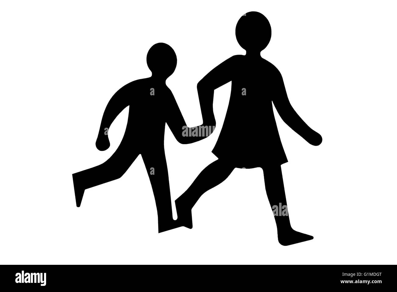 A black and white image depicting children crossing for signs or information Stock Photo