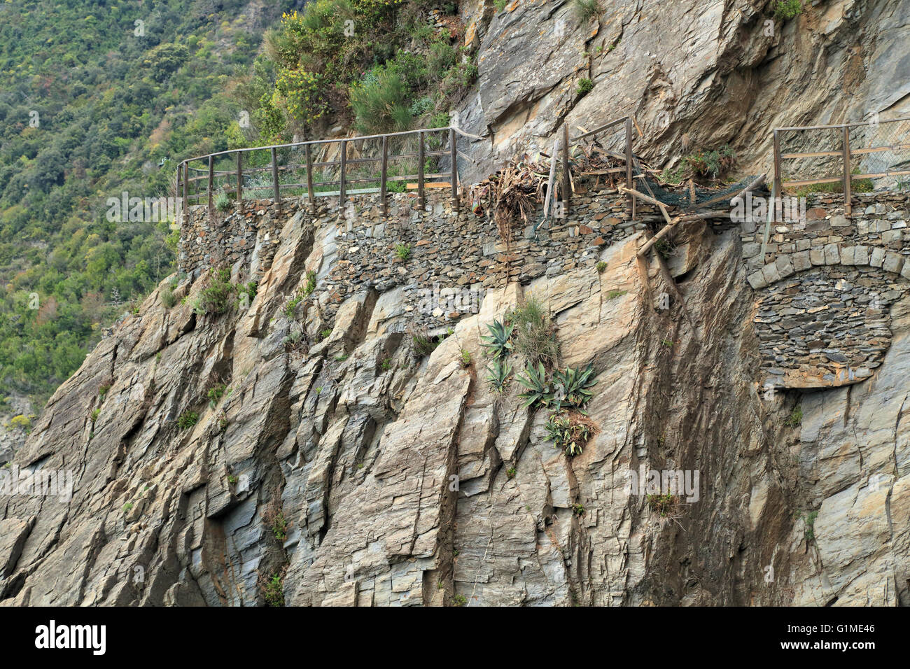 Broken hiking path closed, Cinque Terre Stock Photo