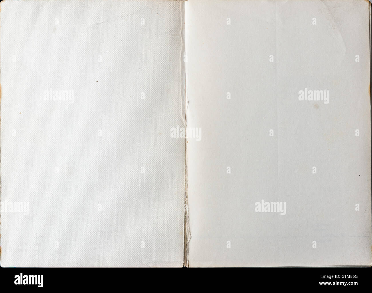 Book opened to the first page showing blank pages inside. Stock Photo