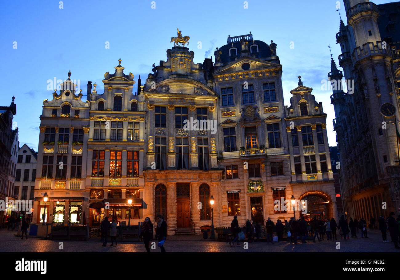 Lit Buildings of the Grand Place of Brussels, Belgium at dusk Stock Photo -  Alamy