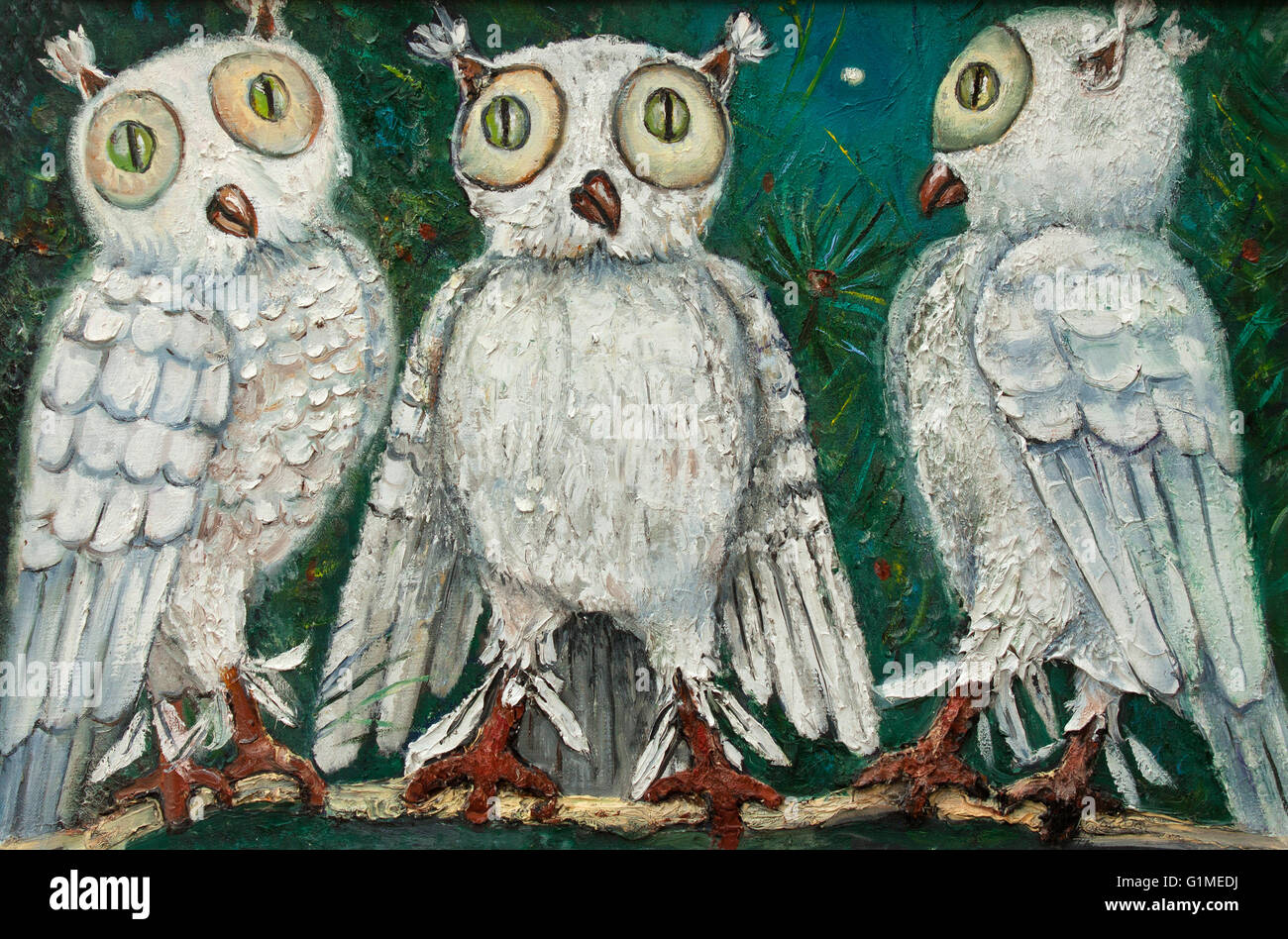 three white owls with green eyes on a tree original relief painting, mixed techniques painting style, abstract owl painting on c Stock Photo